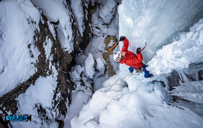 Charlie Faust climbs Chris' Crash in the Ouray Ice Park
